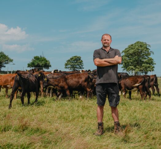 Farmer in field with cows and trees behind him